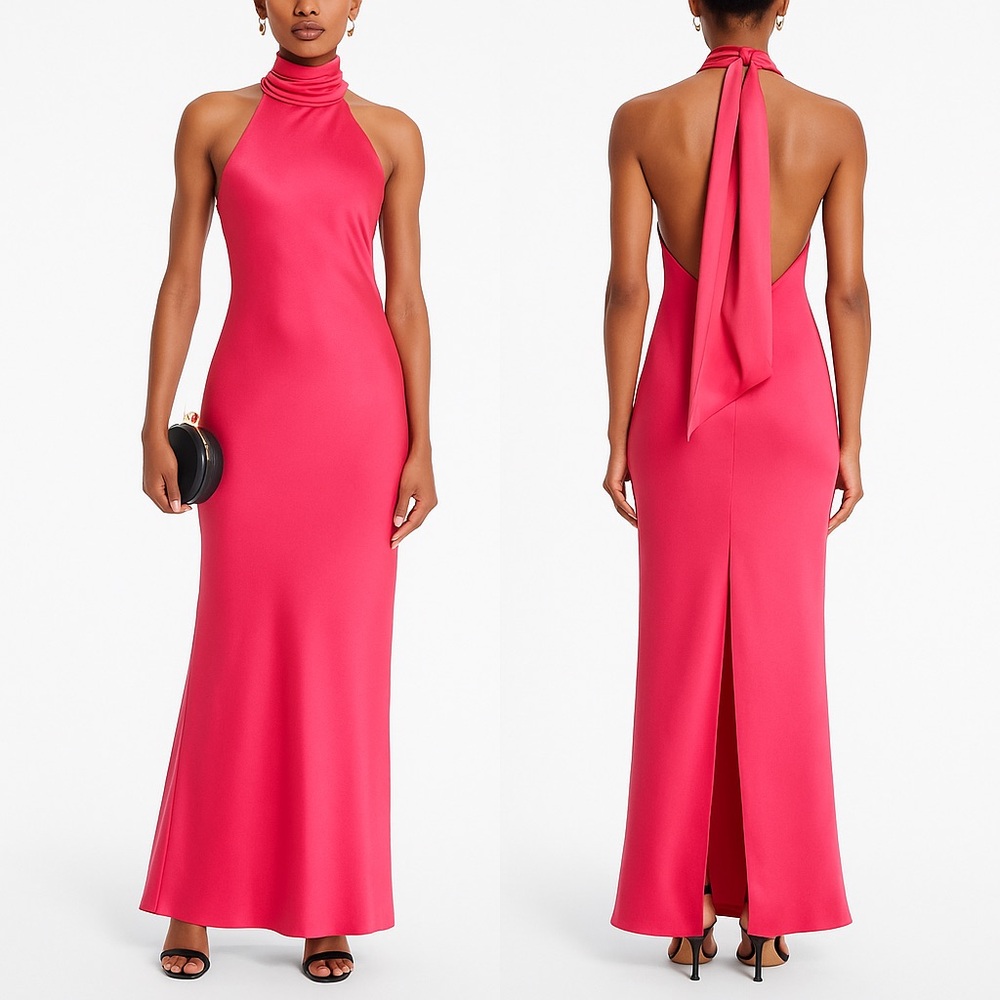 Ramy Brook Dress Maxi Tatiana Gown Hot Pink Halter Formal Size 8 MSRP $645